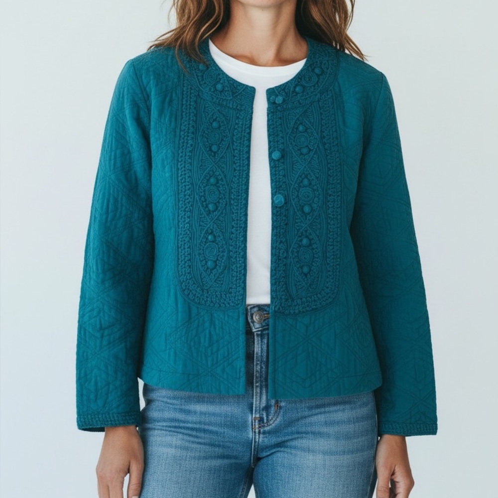 Chico’s Teal Blue Green Lightweight Cardigan Blazer Jacket Quilted Cotton Silk